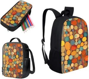 Annual Ring Circular School Backpack Boys Girls Kids School Bookbag Set with Abstract Artwork Lunch Box and Pencil Case for Kids Boys Girls Back to School Gifts
