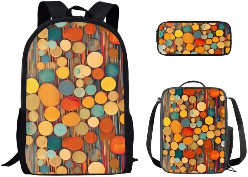 Annual Ring Circular School Backpack Boys Girls Kids School Bookbag Set with Abstract Artwork Lunch Box and Pencil Case for Kids Boys Girls Back to School Gifts