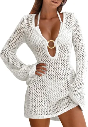 ANRABESS Women Beach Crochet Cover Ups Summer Knit Swimwear Mesh Bathing Suit Hollow Out Dress 2025 Vacation Swimsuit