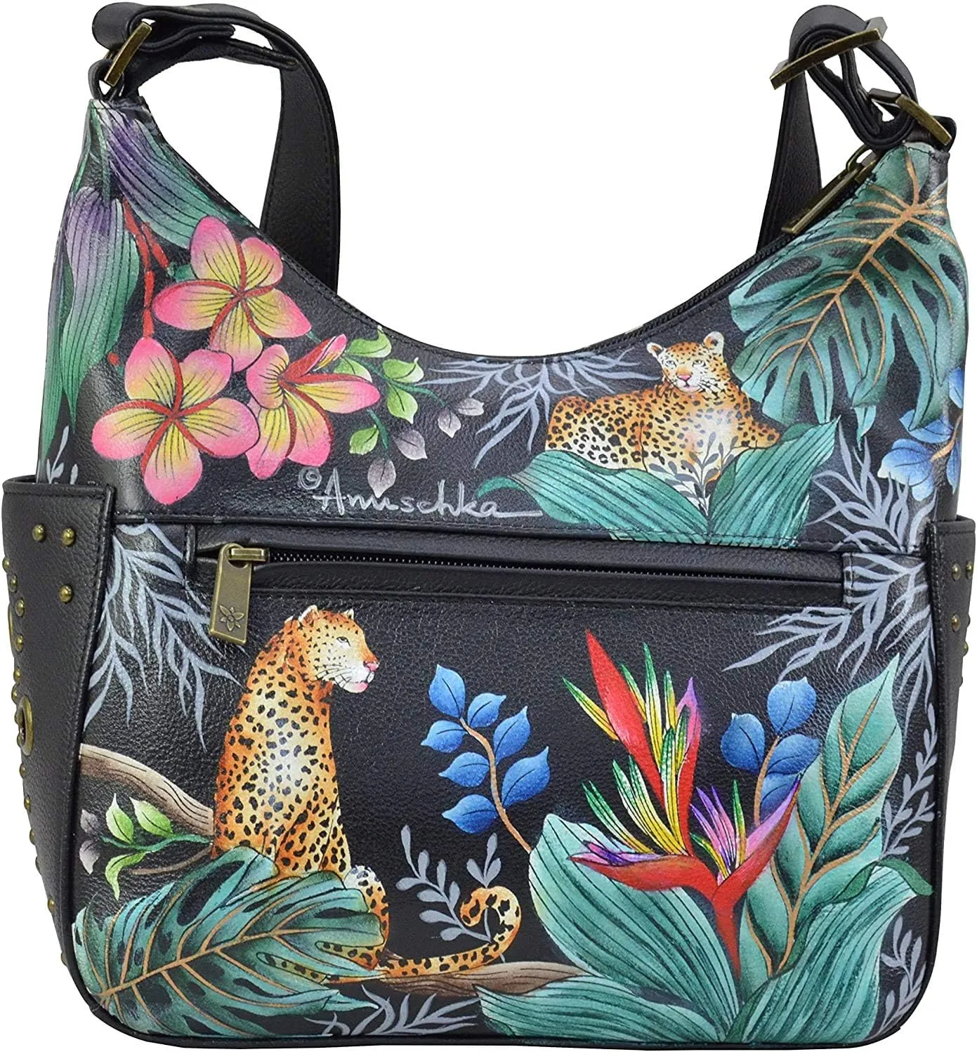 Anuschka Women's Genuine Leather Shoulder Bag | Hand Painted Original Artwork | Classic Hobo With Studded Side Pockets