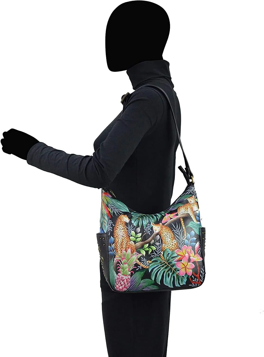 Anuschka Women's Genuine Leather Shoulder Bag | Hand Painted Original Artwork | Classic Hobo With Studded Side Pockets