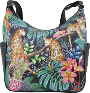 Anuschka Women's Genuine Leather Shoulder Bag | Hand Painted Original Artwork | Classic Hobo With Studded Side Pockets