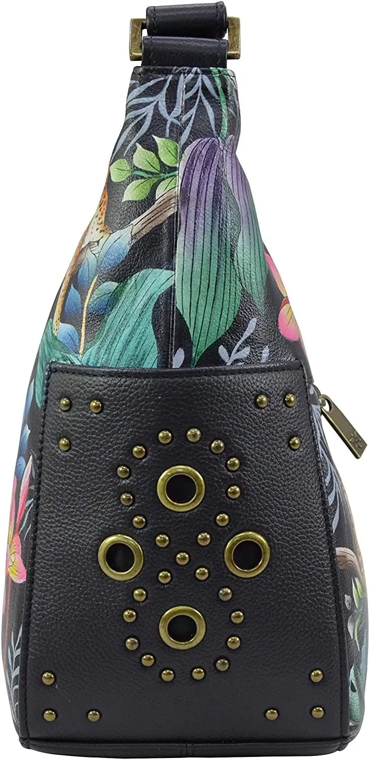 Anuschka Women's Genuine Leather Shoulder Bag | Hand Painted Original Artwork | Classic Hobo With Studded Side Pockets
