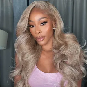 Ash Blonde with Silver Gray Highlight Lace Front Wig Human Hair 180% Density 13x4 Body Wave Mini Knots HD Invisible Lace Wig for Women Glueless Milk Tea Brown Colored with Silver Blonde Wigs 30 Inch