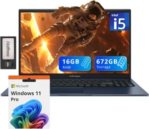 ASUS Vivobook 15.6 FHD Laptop, Intel i5-1235U, 16GB DDR4 RAM, 672GB Storage (512GB SSD 160GB Docking Station Set), Intel Iris Xe Graphics, Number Pad, WiFi 5, Win 11 Pro, Quiet Blue