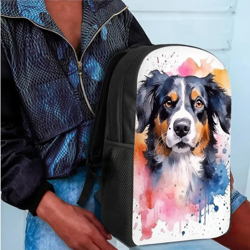 Australian Shepherd Watercolor Splash 3 Pcs Backpack Set for Back to Vivid Dog Hand Drawing School Bookbag Teen Shoulder School Bags Insulated Lunchbox with Pencil Case