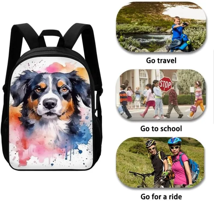 Australian Shepherd Watercolor Splash 3 Pcs Backpack Set for Back to Vivid Dog Hand Drawing School Bookbag Teen Shoulder School Bags Insulated Lunchbox with Pencil Case