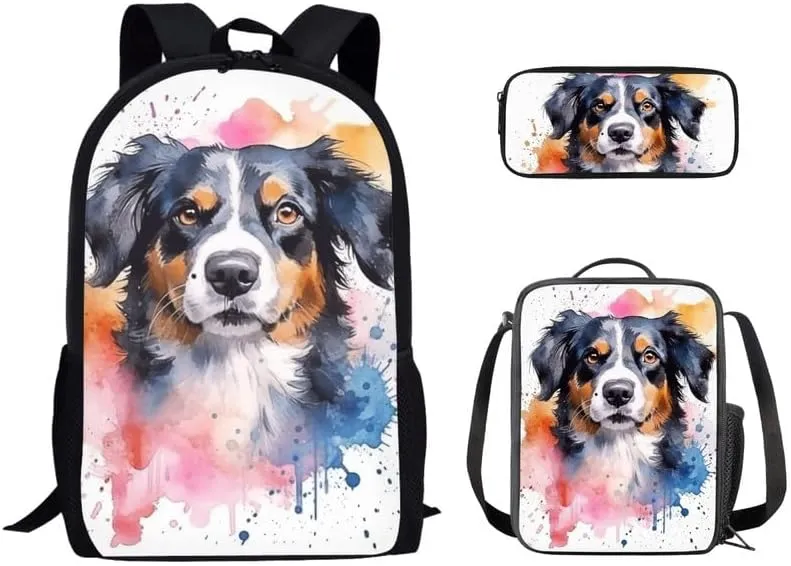 Australian Shepherd Watercolor Splash 3 Pcs Backpack Set for Back to Vivid Dog Hand Drawing School Bookbag Teen Shoulder School Bags Insulated Lunchbox with Pencil Case