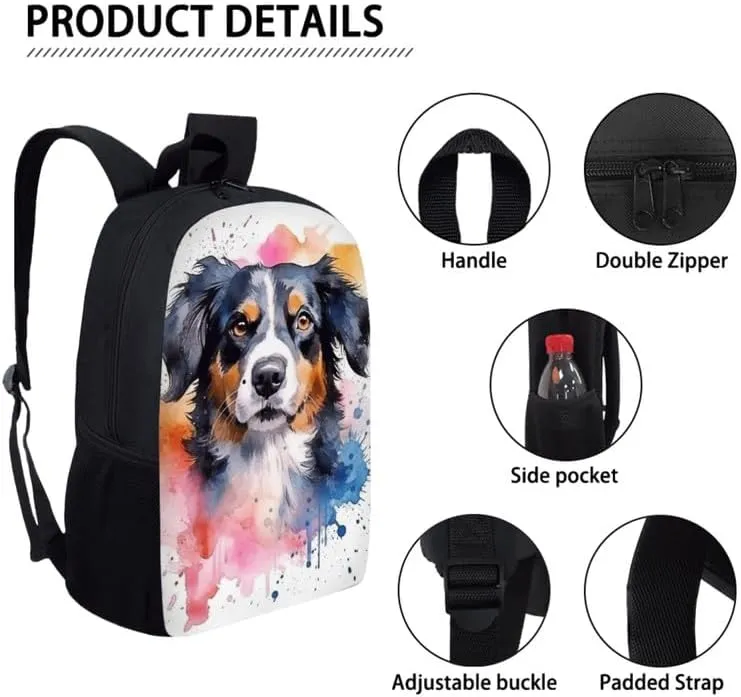 Australian Shepherd Watercolor Splash 3 Pcs Backpack Set for Back to Vivid Dog Hand Drawing School Bookbag Teen Shoulder School Bags Insulated Lunchbox with Pencil Case