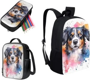 Australian Shepherd Watercolor Splash 3 Pcs Backpack Set for Back to Vivid Dog Hand Drawing School Bookbag Teen Shoulder School Bags Insulated Lunchbox with Pencil Case