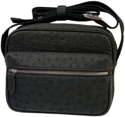 Authentic True Ostrich Skin Men Small Flap Purse Single Crossbody Shoulder Bag Genuine Exotic Leather Male Leisure Messenger Bag, black, 23cm(Length) x 19cm(Height) x 8cm(Deep)