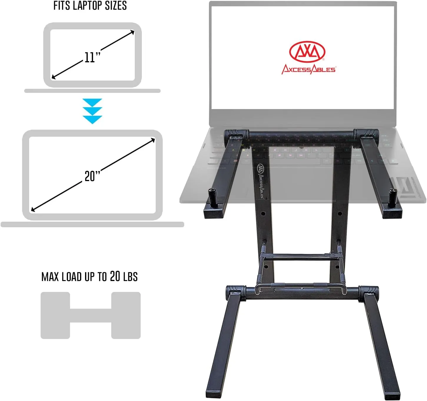 AXA AXCESSABLES DJ Laptop Stand with Travel Bag | Portable Foldable Aluminum Laptop Stand for Laptops up to 15 inches and 20lbs | No Assembly Required, Includes Carrying Bag