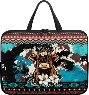Aztec Lily Floral Highland Cow Print Laptop Sleeve Case with Handle Computer Cover Compatible with 10-17 Inch Tablet for Women Men 360° Protective Carrying Bag Briefcase, 12inch