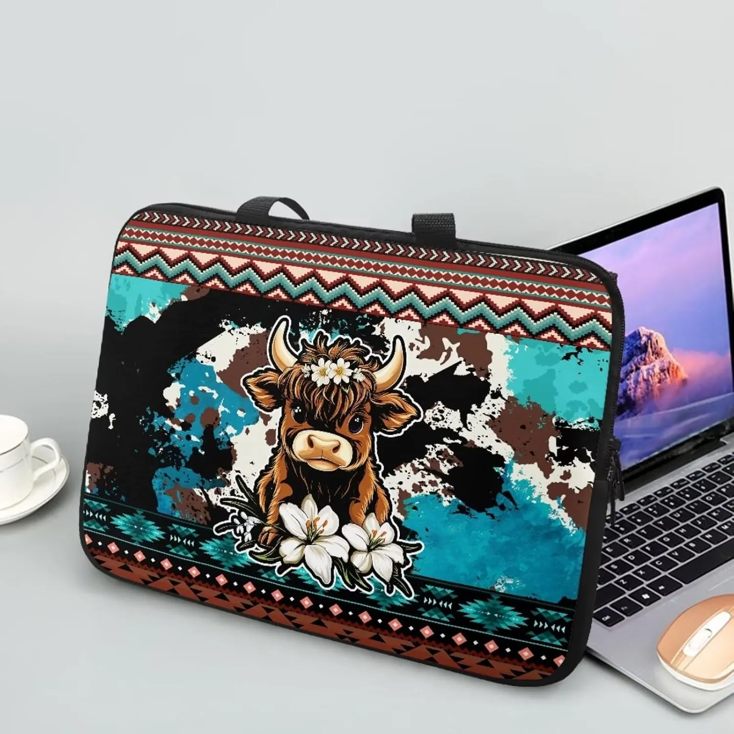 Aztec Lily Floral Highland Cow Print Laptop Sleeve Case with Handle Computer Cover Compatible with 10-17 Inch Tablet for Women Men 360° Protective Carrying Bag Briefcase, 12inch