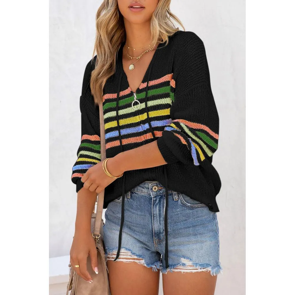 Azura Exchange Black Striped Detail Zip Up Hooded Sweater Cardigan