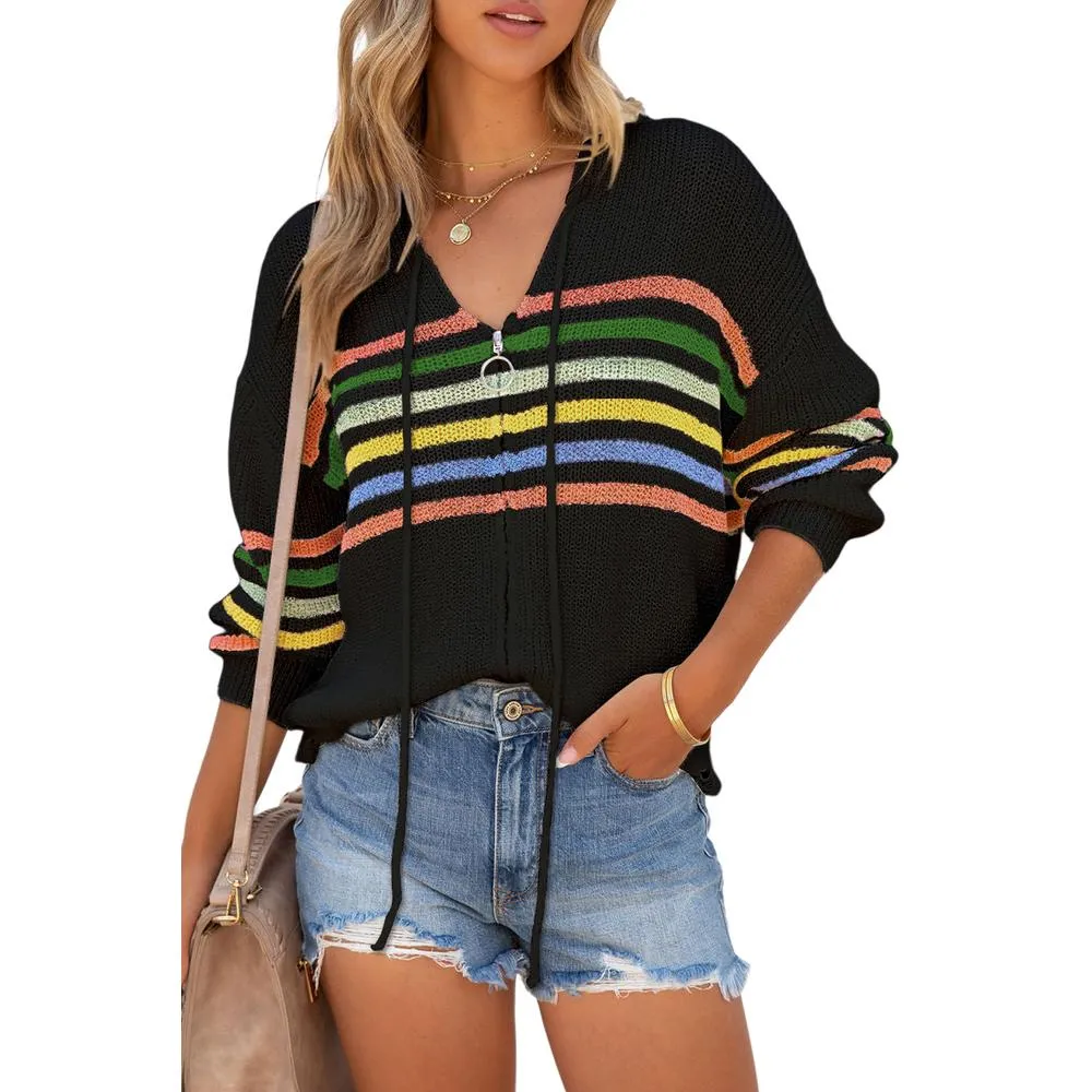 Azura Exchange Black Striped Detail Zip Up Hooded Sweater Cardigan