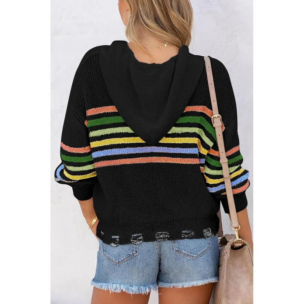 Azura Exchange Black Striped Detail Zip Up Hooded Sweater Cardigan