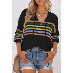Azura Exchange Black Striped Detail Zip Up Hooded Sweater Cardigan