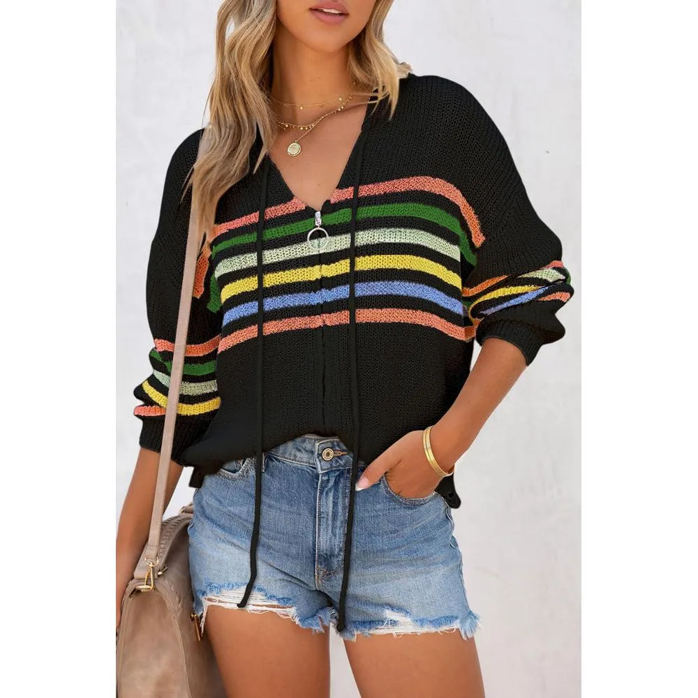 Azura Exchange Black Striped Detail Zip Up Hooded Sweater Cardigan