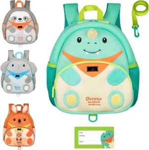 BabbleRoo Toddler Backpack, Kids Backpack - Light & Comfortable, Water Resistant Neoprene, Bag Leash for Toddlers 1-3, Reflective Strips for Visibility, Animal Bag, Donnie the Dino