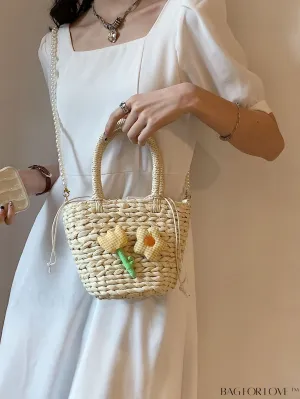 BagForLove - Stylish Straw Woven Handbag with Charming Floral Accents for Summer