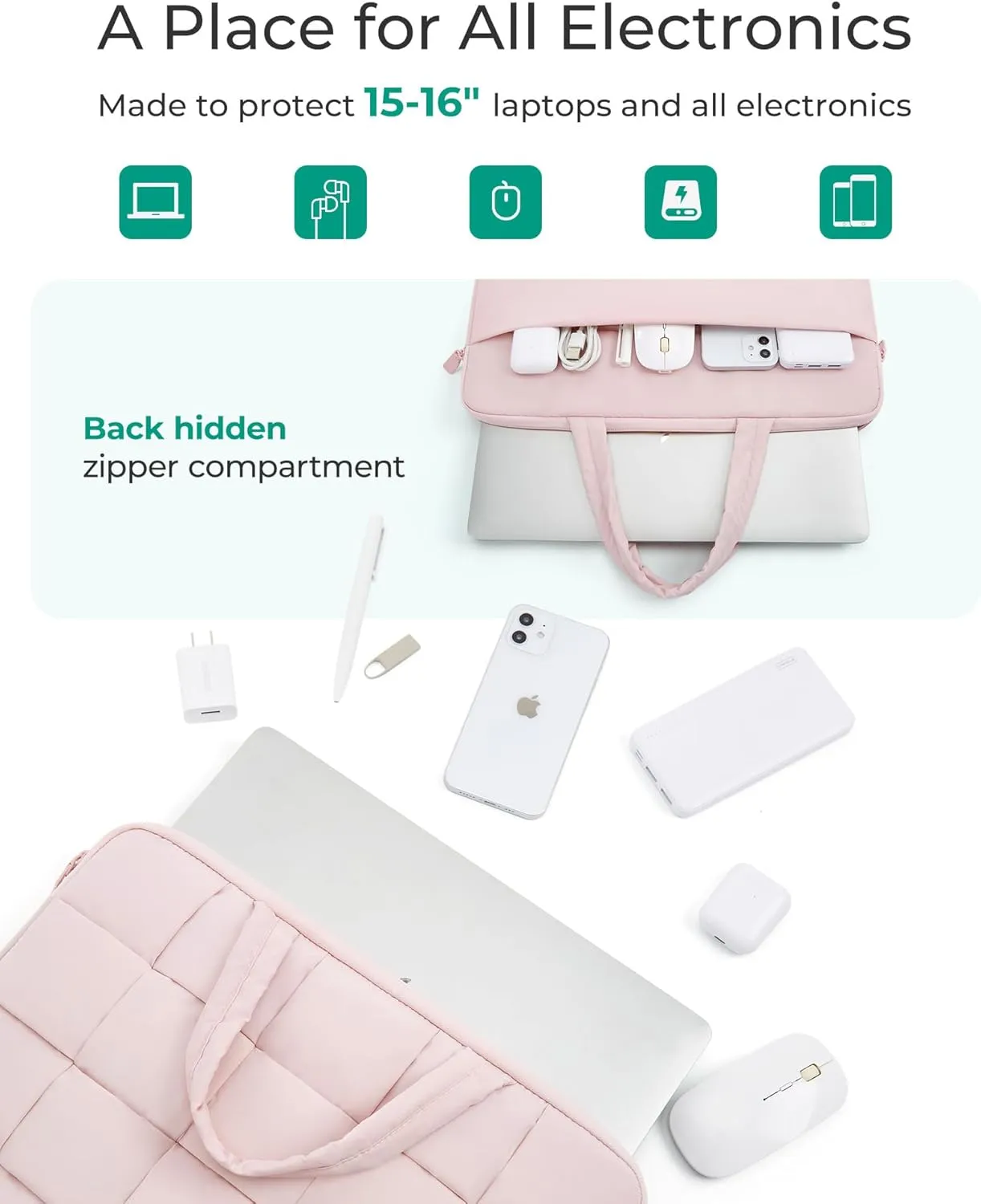 BAGSMART 15.6 Inch Laptop Case, Lightweight Puffy Laptop Sleeve with Handle, Macbook Case Sleeve Fitted with MacBook Air Pro 15 16 Inch M4 M3 M2 M1, Laptop Bag for Women Fitted with Dell,HP, Pink