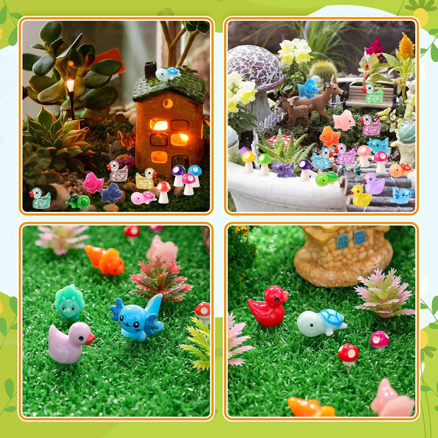 Barydat 200 Pcs Mini Resin Animals Figures Small Variety Animals to Hide Tiny Duck Axolotl Dinosaur Turtle Mushroom Figures for Christmas Easter Gifts Landscape Game Garden Decorations Garden Crafts