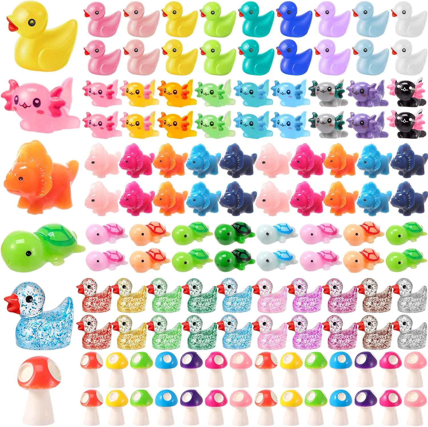 Barydat 200 Pcs Mini Resin Animals Figures Small Variety Animals to Hide Tiny Duck Axolotl Dinosaur Turtle Mushroom Figures for Christmas Easter Gifts Landscape Game Garden Decorations Garden Crafts