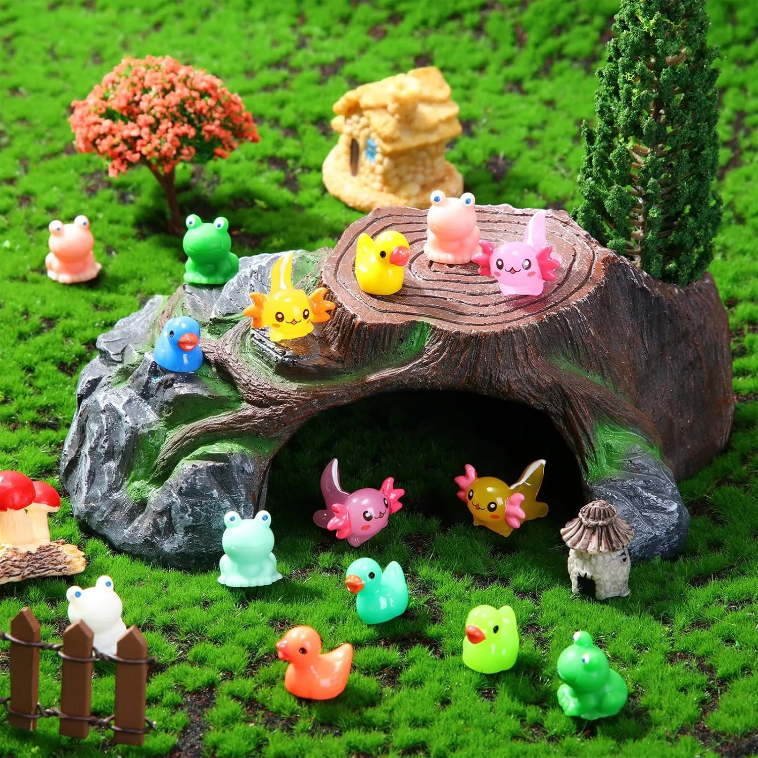 Barydat 200 Pcs Mini Resin Animals Figures Small Variety Animals to Hide Tiny Duck Axolotl Dinosaur Turtle Mushroom Figures for Christmas Easter Gifts Landscape Game Garden Decorations Garden Crafts