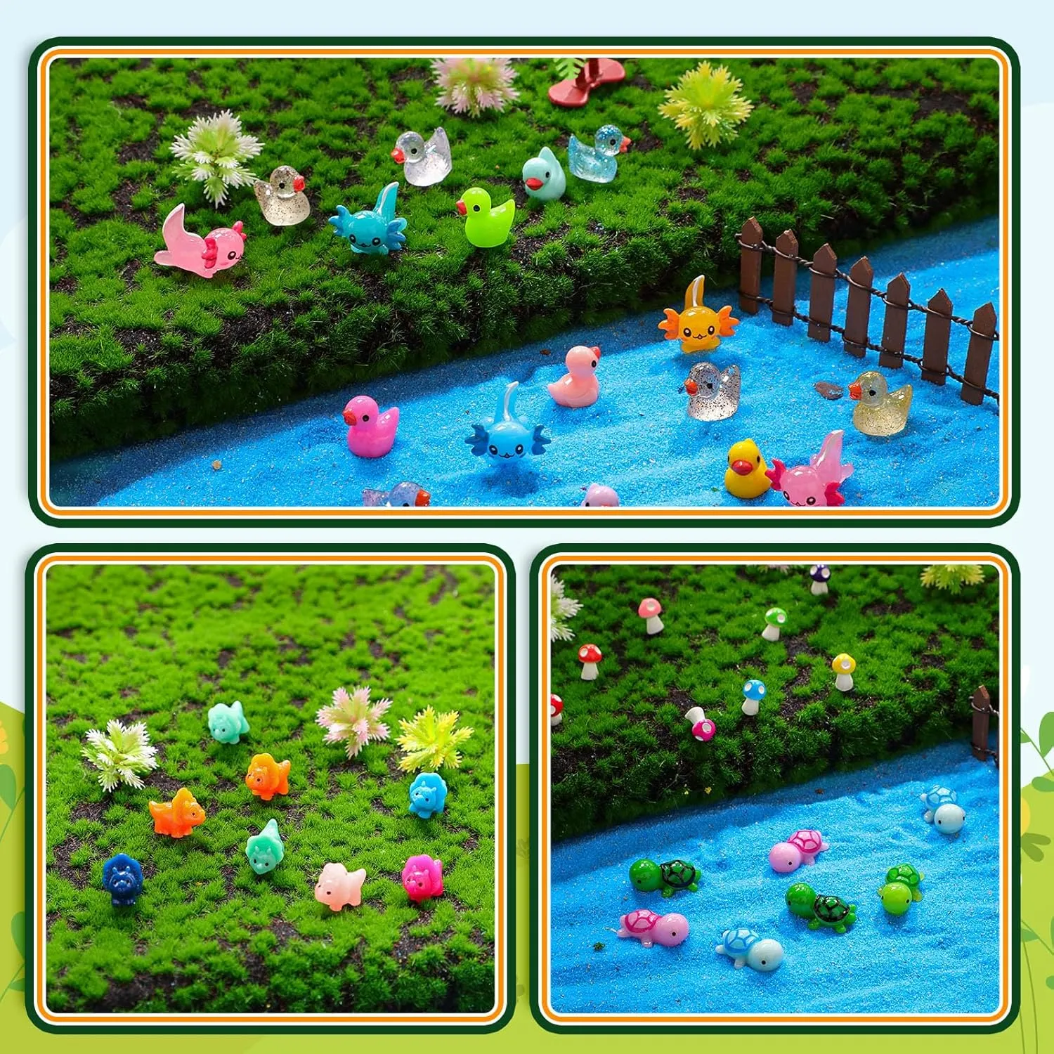 Barydat 200 Pcs Mini Resin Animals Figures Small Variety Animals to Hide Tiny Duck Axolotl Dinosaur Turtle Mushroom Figures for Christmas Easter Gifts Landscape Game Garden Decorations Garden Crafts
