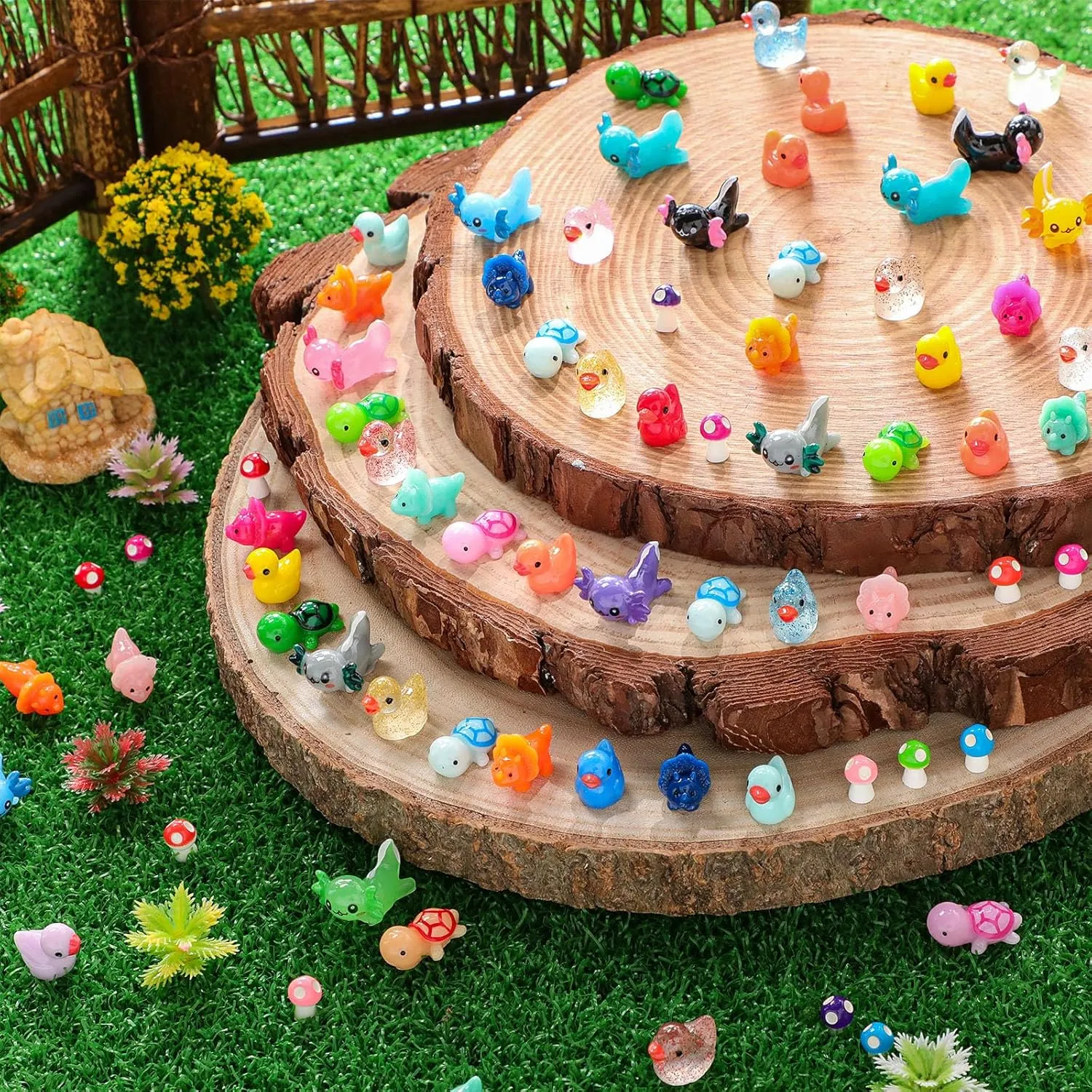Barydat 200 Pcs Mini Resin Animals Figures Small Variety Animals to Hide Tiny Duck Axolotl Dinosaur Turtle Mushroom Figures for Christmas Easter Gifts Landscape Game Garden Decorations Garden Crafts
