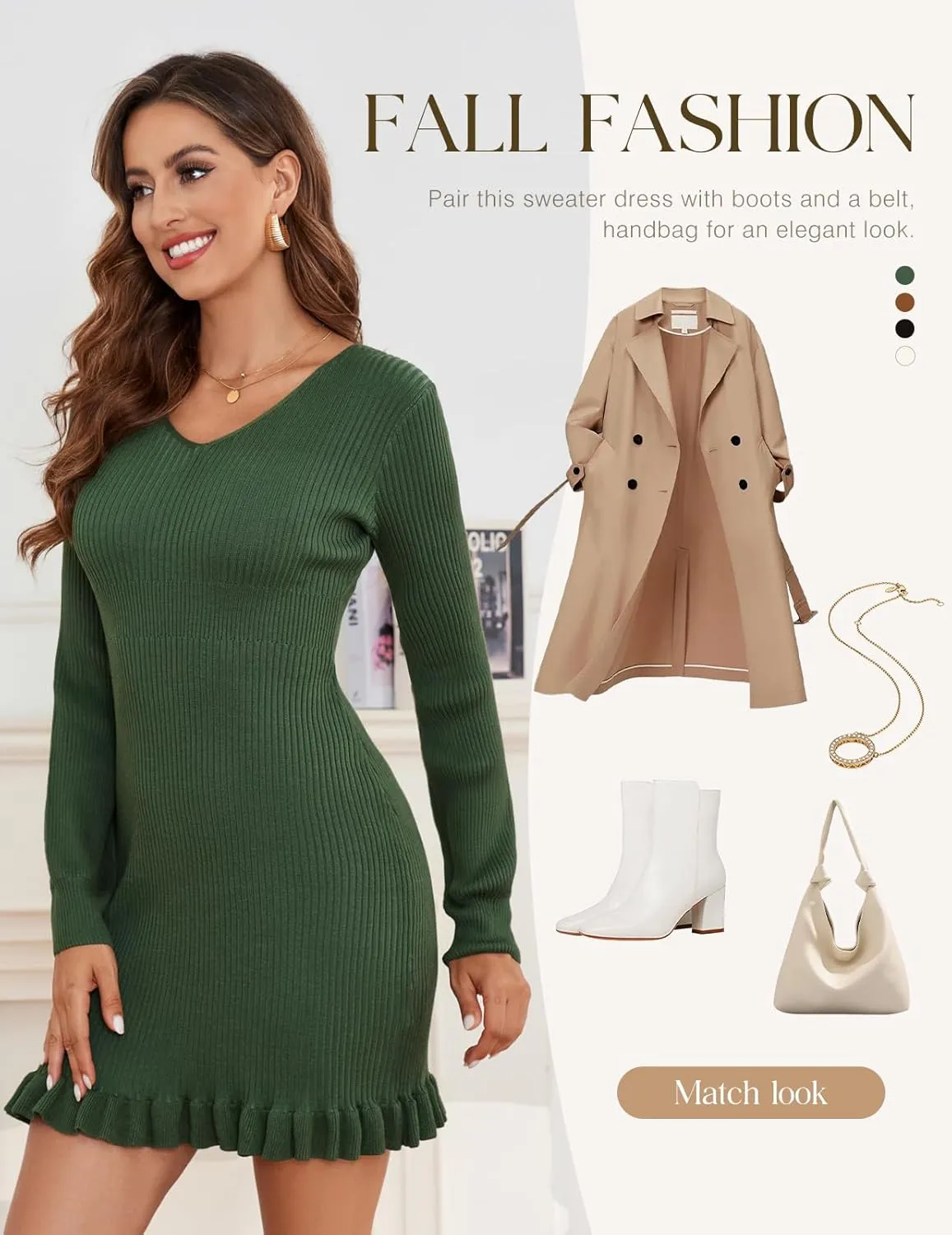 Bbonlinedress Women Long Sleeve Knit Sweater Dress Bodycon Mini Casual Pullover Ribbed Sweater Ruffle V-Neck Fall Dress