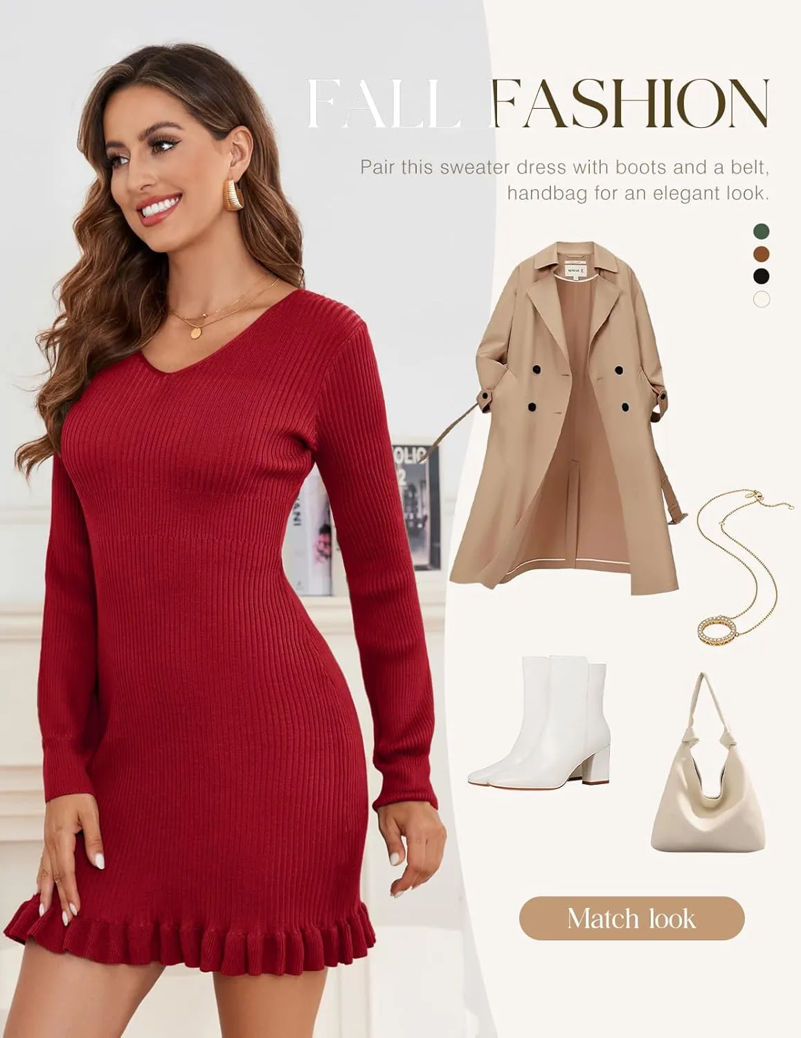 Bbonlinedress Women Long Sleeve Knit Sweater Dress Bodycon Mini Casual Pullover Ribbed Sweater Ruffle V-Neck Fall Dress