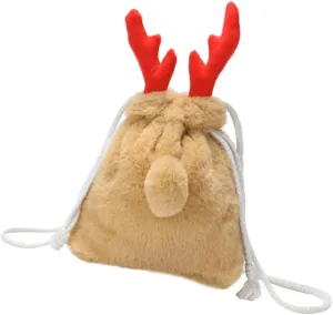 Beige Fur Purse for Women - Cute Elf Design Drawstring Bucket Bag - Plush White Faux Fur Handbag for ' Casual Outings and Daily Storage