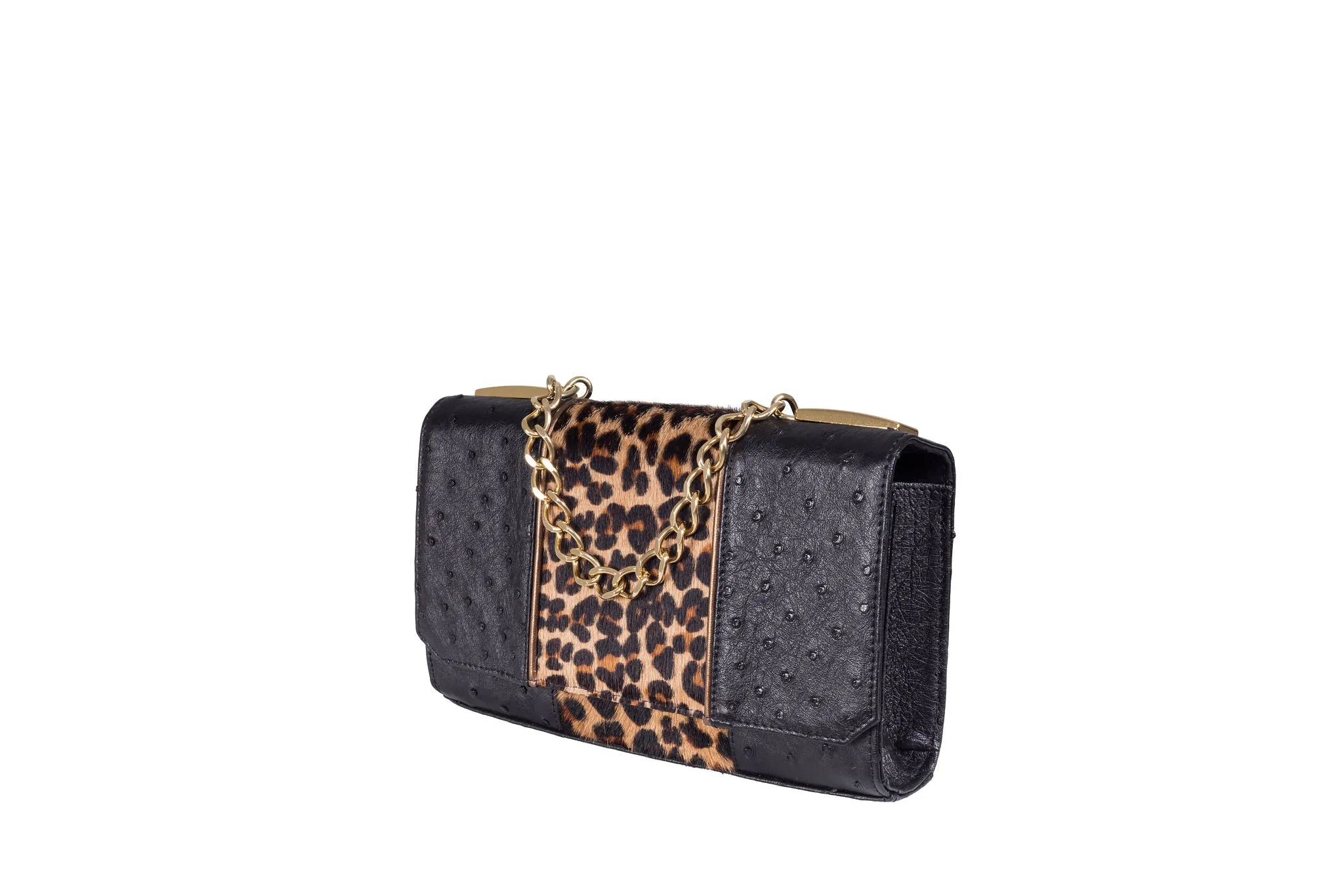 Belinda L- Ostrich and Leopard Printed Hair on Hide Clutch bag