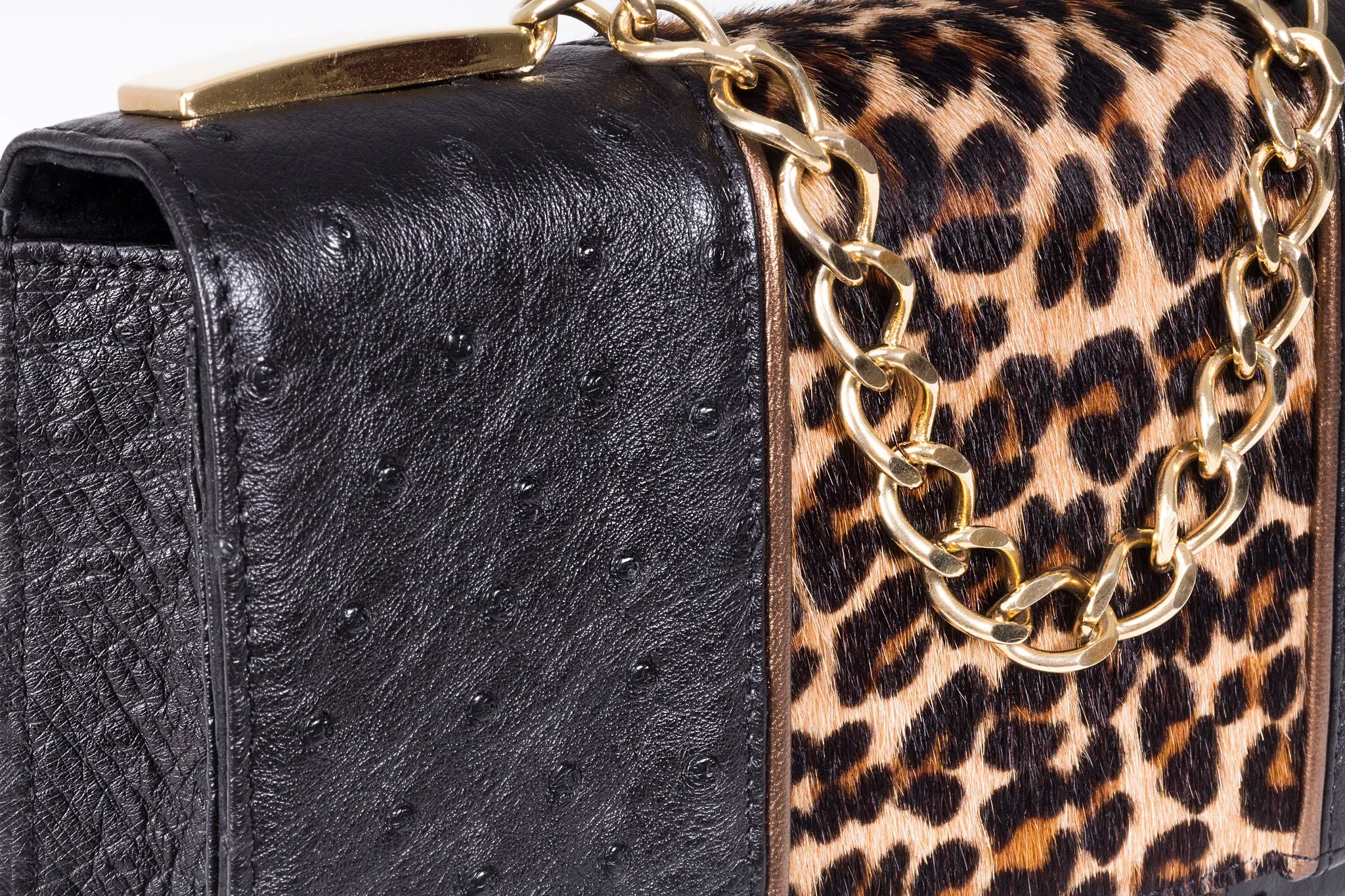 Belinda L- Ostrich and Leopard Printed Hair on Hide Clutch bag