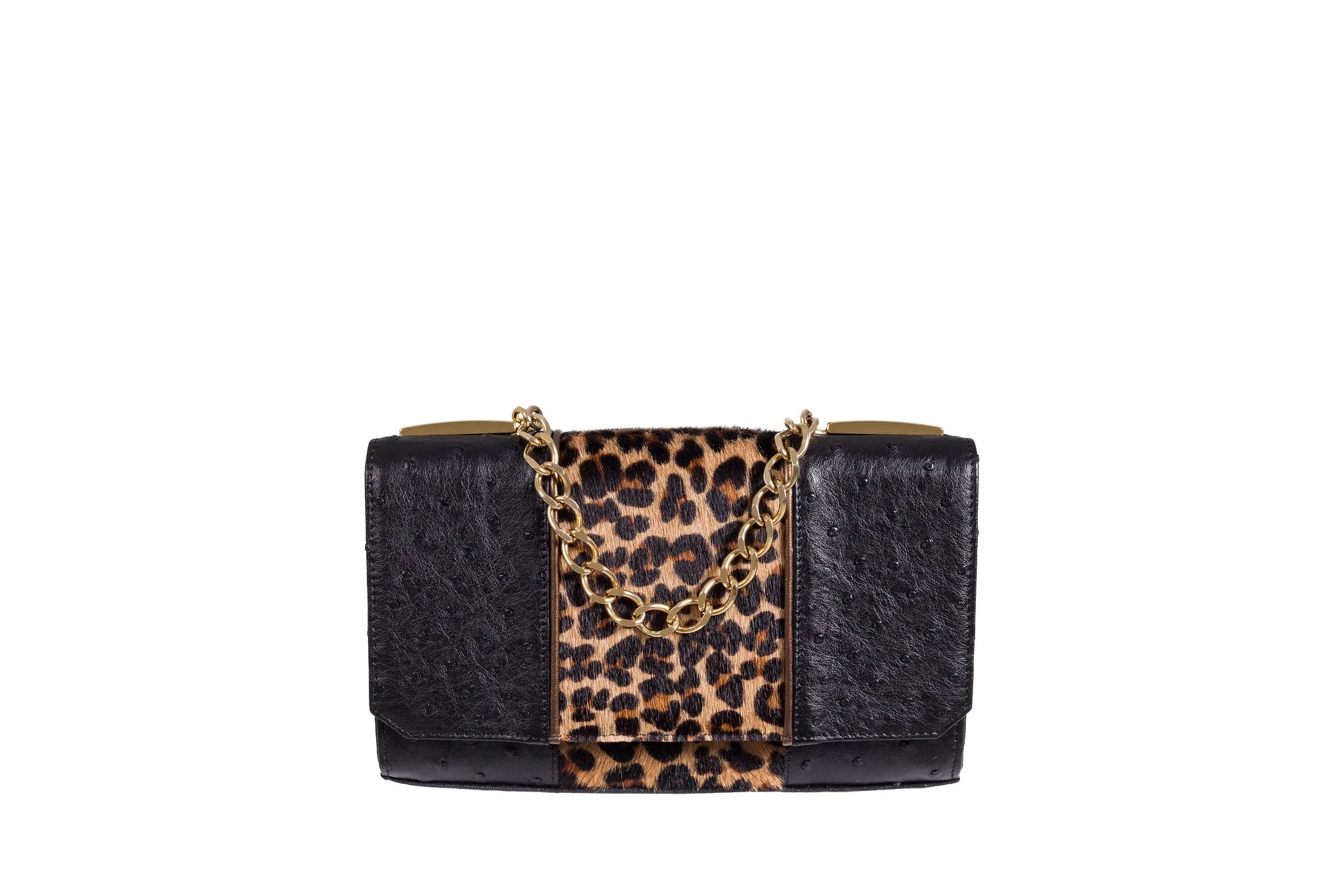 Belinda L- Ostrich and Leopard Printed Hair on Hide Clutch bag