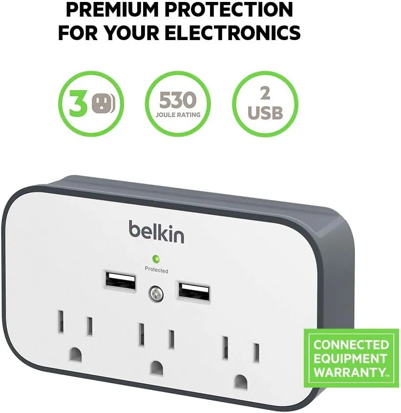 Belkin Wall Surge Protector - 3 Outlet w/ 2 USB Ports Mount with Premium Protection Against Surges Safe Charge for Mobile Devices, Tablets & More (540 Joules)