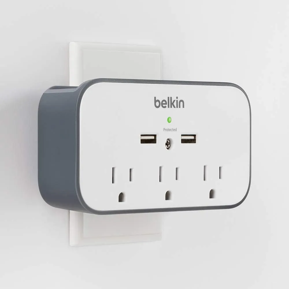 Belkin Wall Surge Protector - 3 Outlet w/ 2 USB Ports Mount with Premium Protection Against Surges Safe Charge for Mobile Devices, Tablets & More (540 Joules)