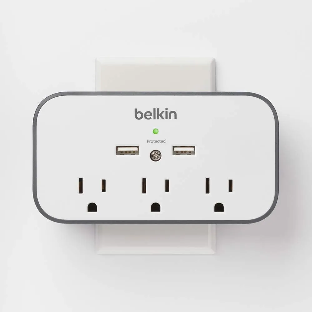 Belkin Wall Surge Protector - 3 Outlet w/ 2 USB Ports Mount with Premium Protection Against Surges Safe Charge for Mobile Devices, Tablets & More (540 Joules)