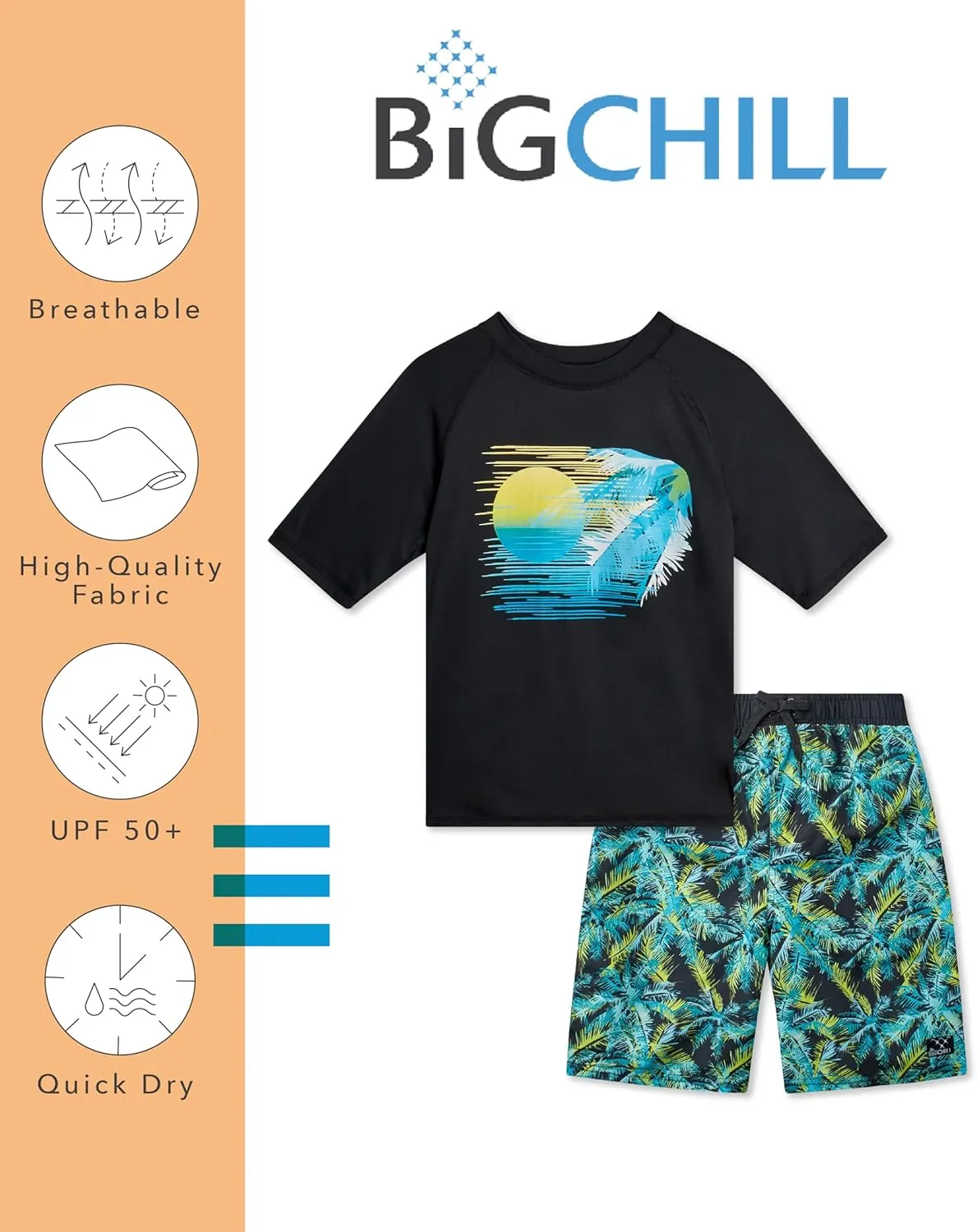 Big Chill Boys Rash Guard Set - 2 Piece UPF 50  Quick Dry Short Sleeve Swim Shirt and Swim Trunks for Boys (Sizes: 4-14)