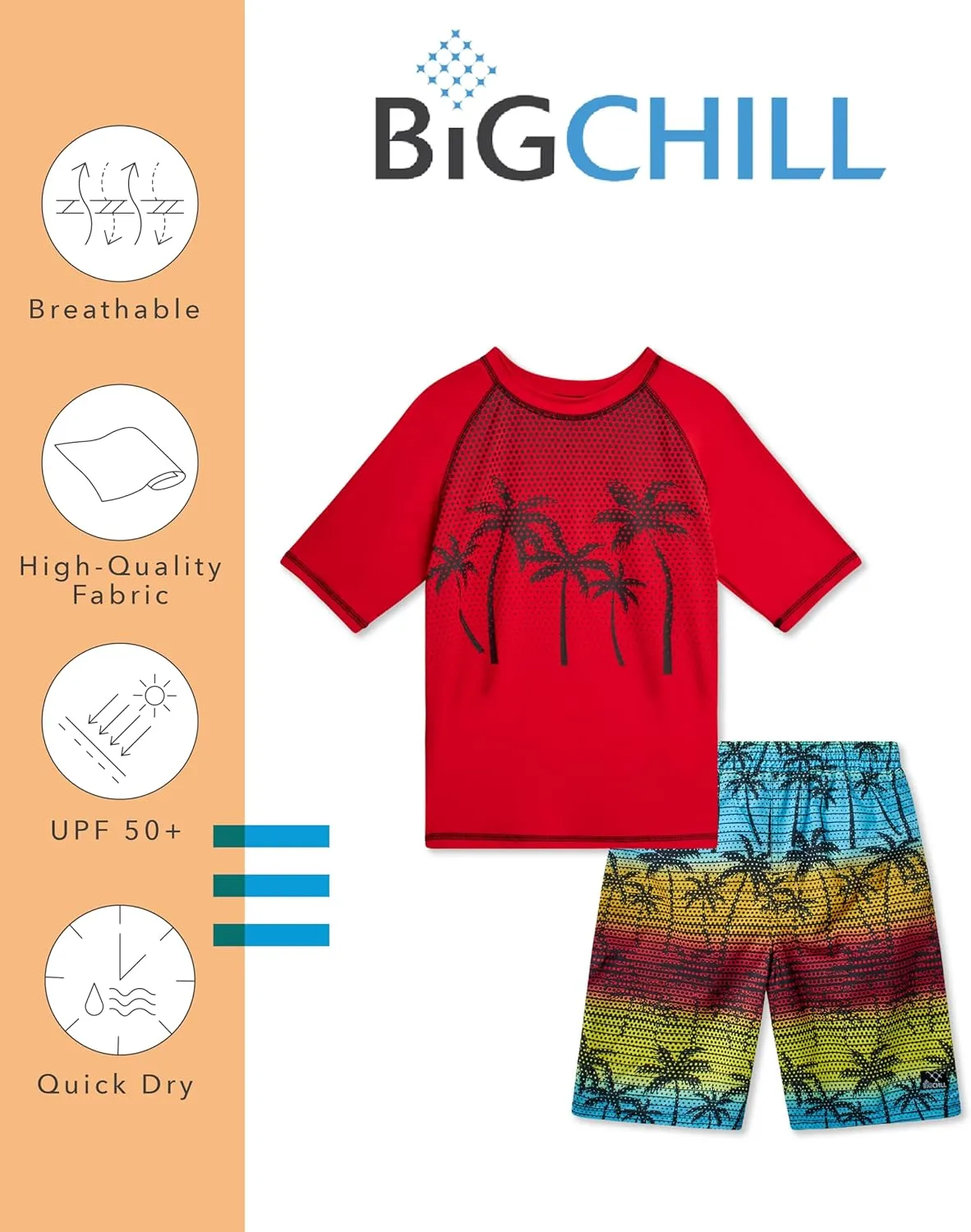 Big Chill Boys Rash Guard Set - 2 Piece UPF 50  Quick Dry Short Sleeve Swim Shirt and Swim Trunks for Boys (Sizes: 4-14)
