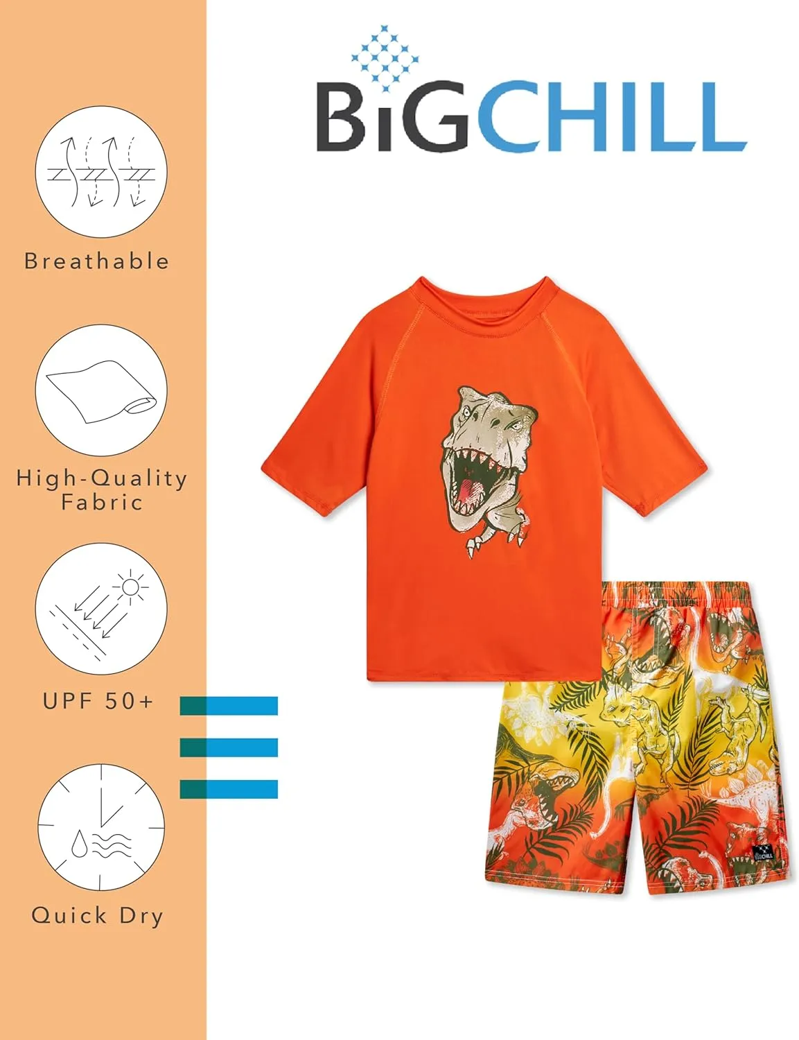 Big Chill Boys Rash Guard Set - 2 Piece UPF 50  Quick Dry Short Sleeve Swim Shirt and Swim Trunks for Boys (Sizes: 4-14)