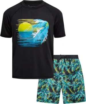 Big Chill Boys Rash Guard Set - 2 Piece UPF 50  Quick Dry Short Sleeve Swim Shirt and Swim Trunks for Boys (Sizes: 4-14)