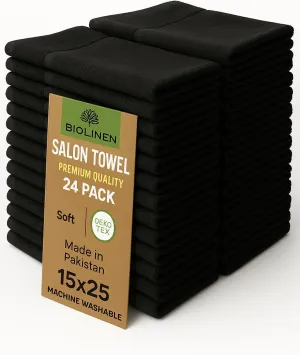 BIOLINEN Cotton Salon Towels Set 15"x25" Pack of 24 Ultra Soft 100% Cotton Gym Towel Hand Towel White Black Daily Usage Maximum Softness Absorbency for Home Gym Spa, Easy Care (Black)