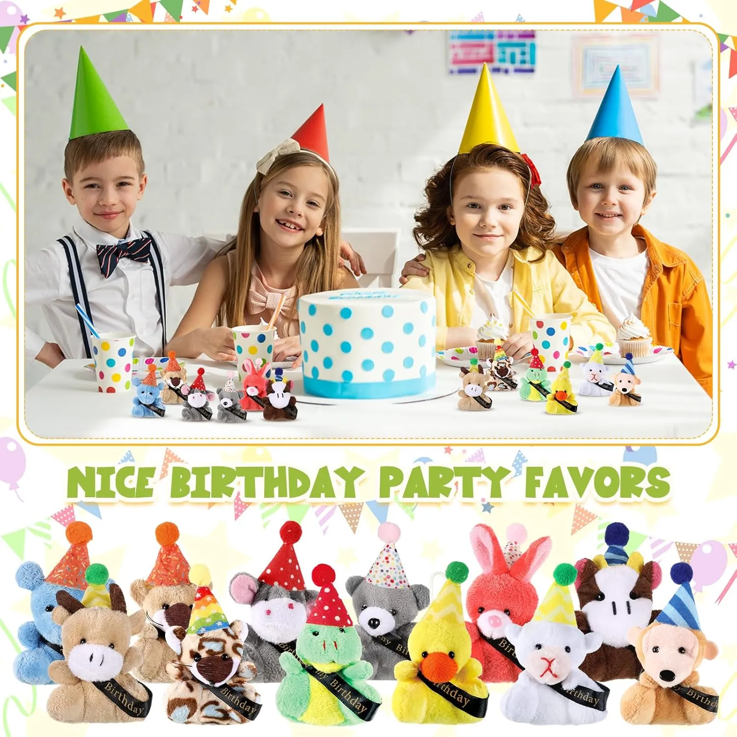 Birthday Mini Plush Toy With Hats, Party Decor Stuffed Animal for Student Classroom Reward Gifts Goodie Bag Stuffers (24 Pcs)