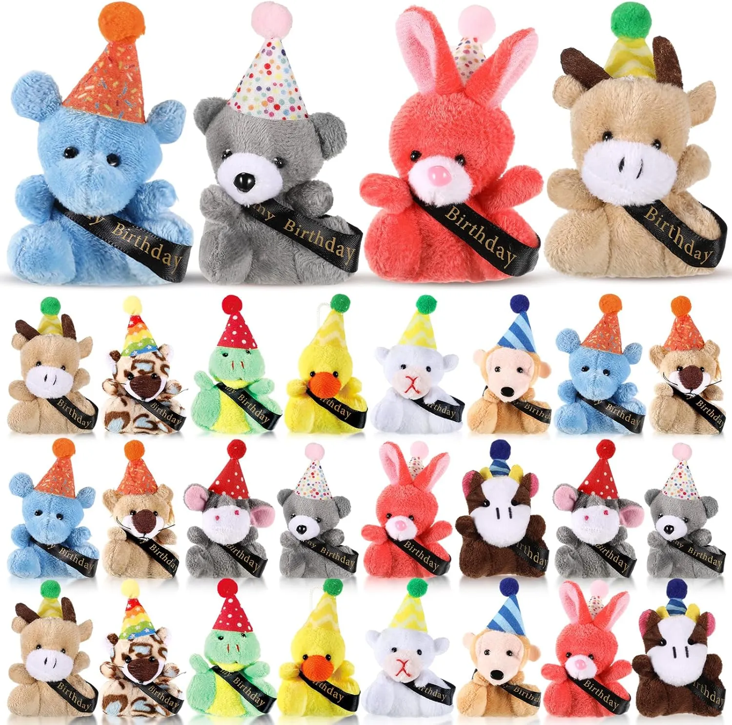 Birthday Mini Plush Toy With Hats, Party Decor Stuffed Animal for Student Classroom Reward Gifts Goodie Bag Stuffers (24 Pcs)