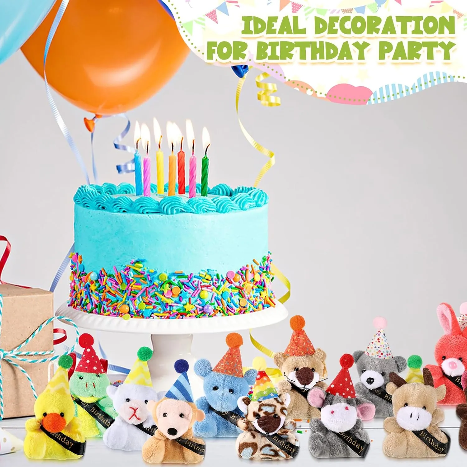 Birthday Mini Plush Toy With Hats, Party Decor Stuffed Animal for Student Classroom Reward Gifts Goodie Bag Stuffers (24 Pcs)
