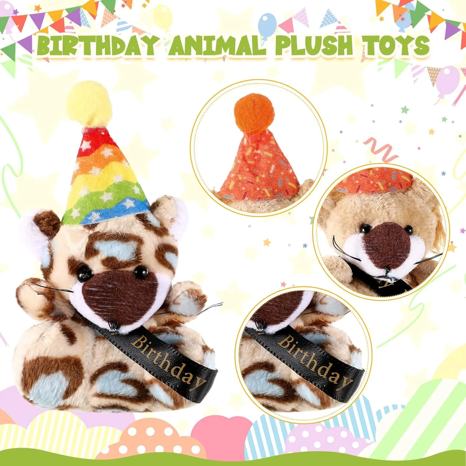 Birthday Mini Plush Toy With Hats, Party Decor Stuffed Animal for Student Classroom Reward Gifts Goodie Bag Stuffers (24 Pcs)