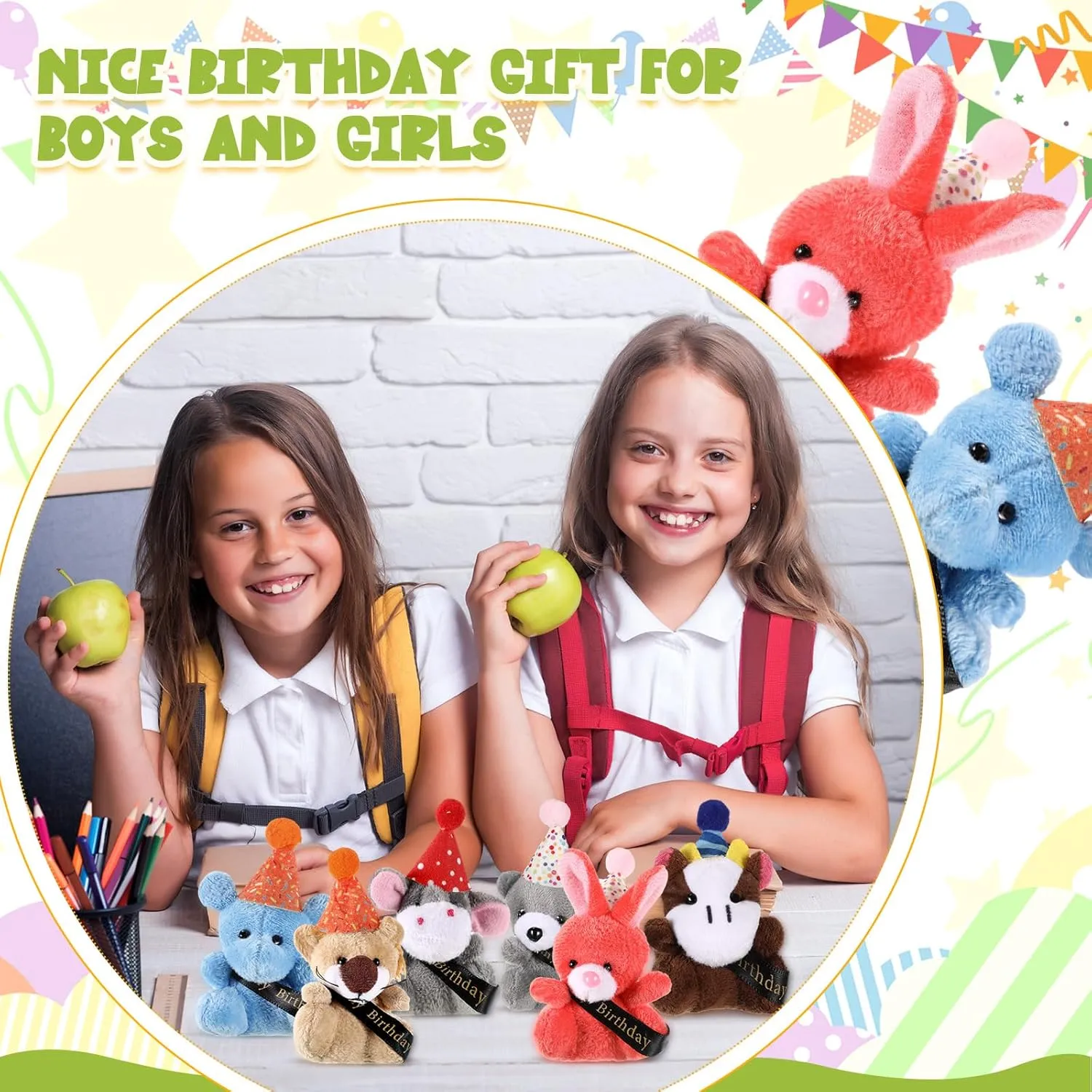 Birthday Mini Plush Toy With Hats, Party Decor Stuffed Animal for Student Classroom Reward Gifts Goodie Bag Stuffers (24 Pcs)